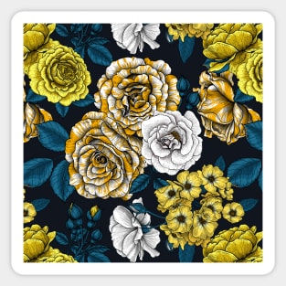 Yellow, white and bi-color roses with blue leaves on black Sticker